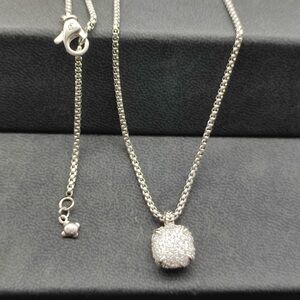 David Yurman 925 Silver Pave Diamond Cushion Necklace with Original Pouch
